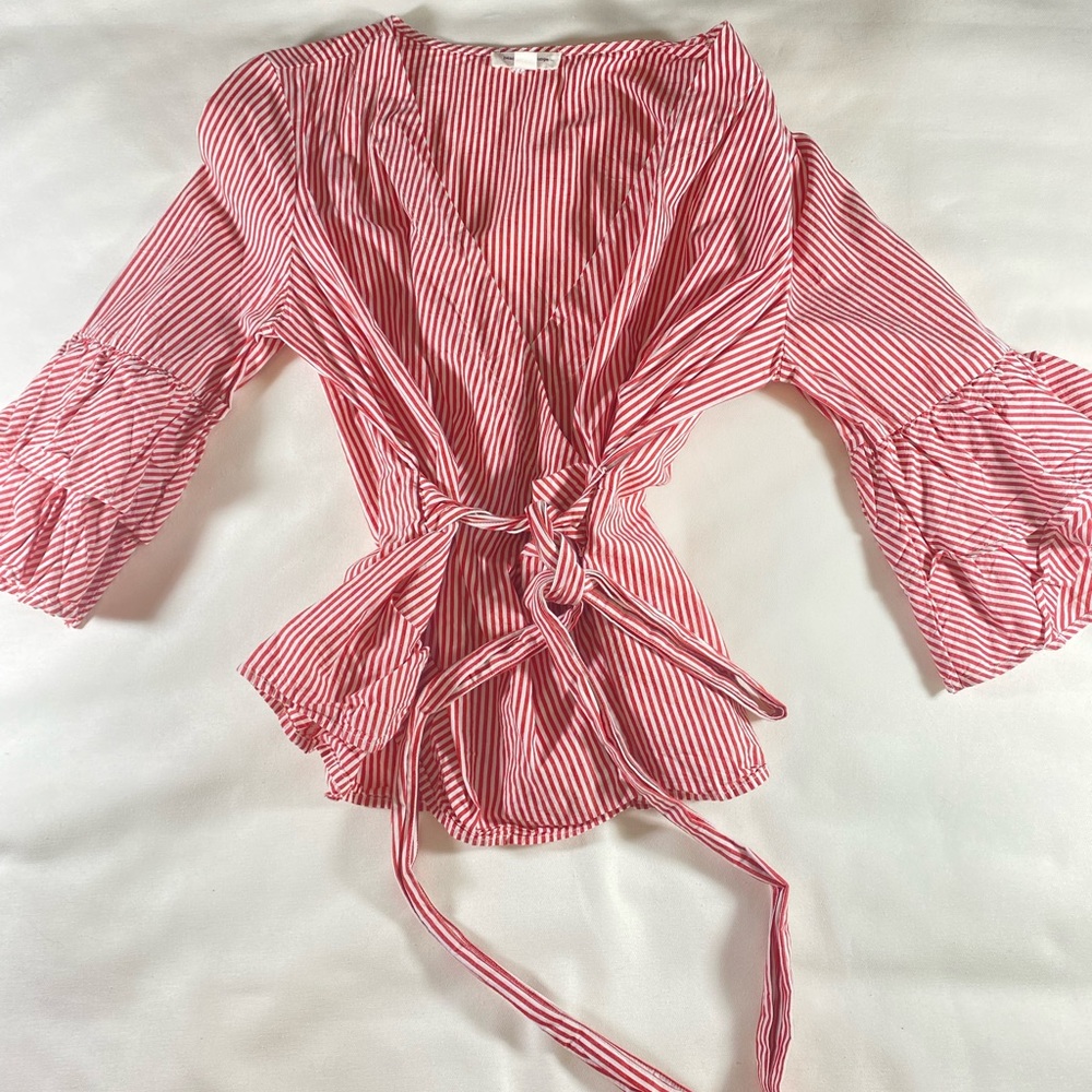 Europe vibe striped bell ruffle sleeve with tie Wrap S